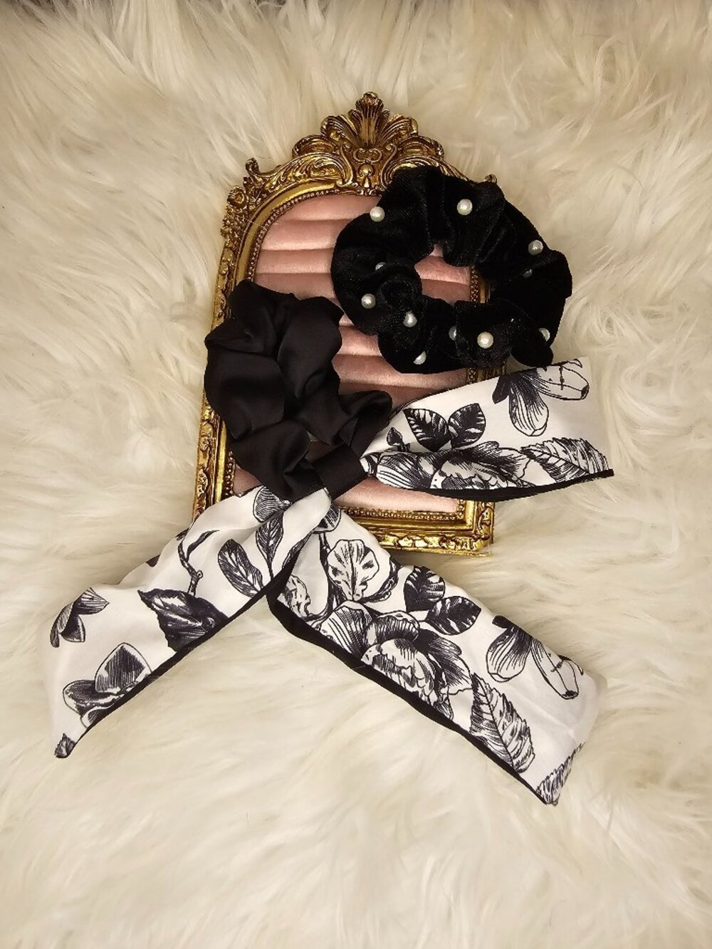 Black & White Hair Scrunchie Set - Floral Ribbon Scarf & Pearl Velvet Scrunchies